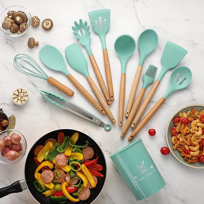 12 piece silicone kitchen utensil set with wooden handles