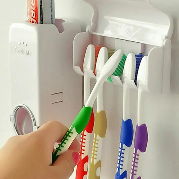 Automatic toothpaste dispenser and toothbrush holder for bathroom