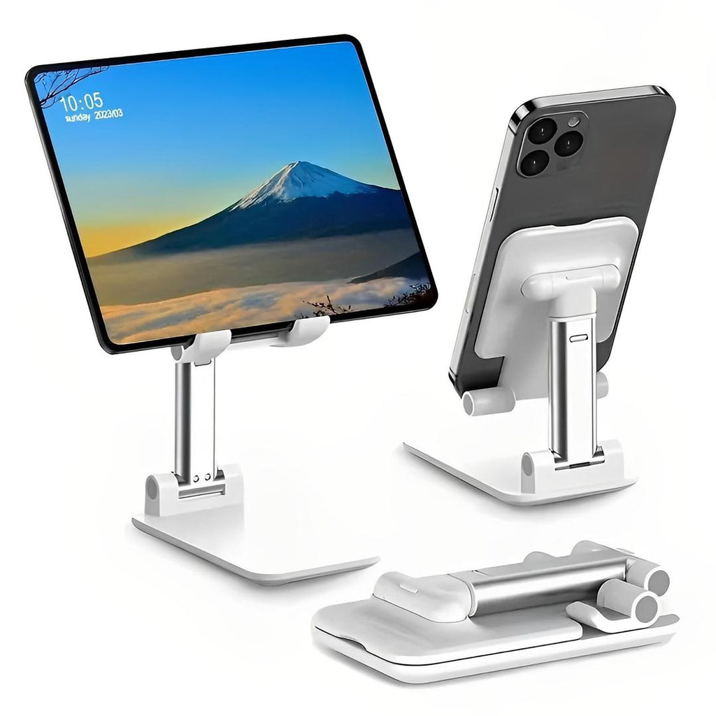 Foldable adjustable mobile and tablet desktop stand